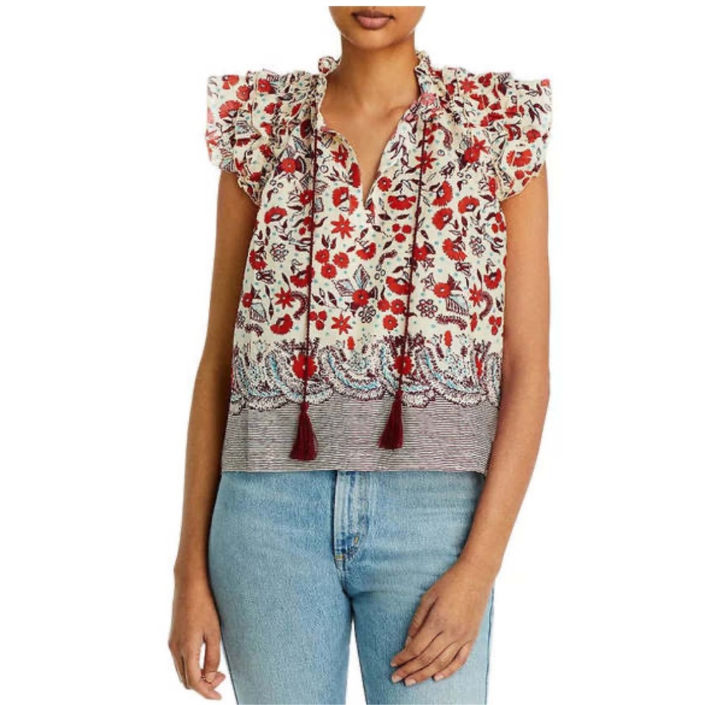 Anthropologie ||‎ Kourt Floral Ruffle Sleeve Top Tassels Cream Red XS